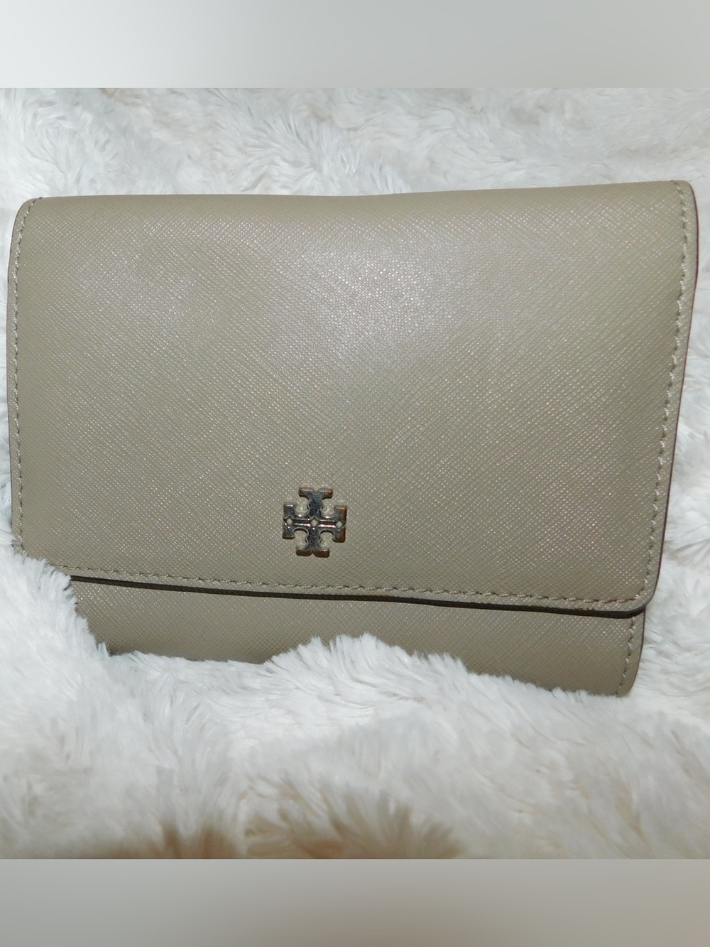 Tory Burch Neutral Taupe Leather Wallet with Logo